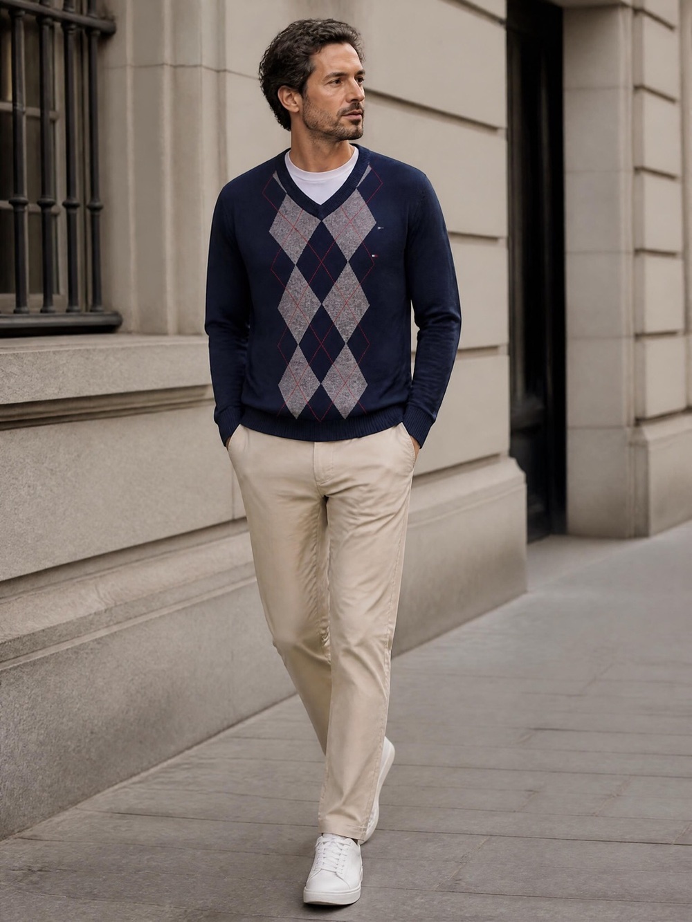 Tommy Hilfiger Navy Argyle V-Neck Cotton Sweater with Gray Diamond Design